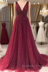 Custom Made Burgundy Tulle Lace Appliques Top Evening Prom Dresses Long